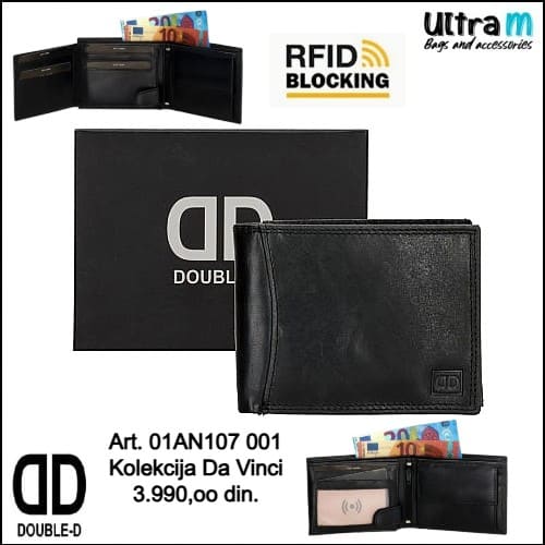 Muški novčanik Double-D Art. 01AN107 001 Da Vinci RFID koža crni