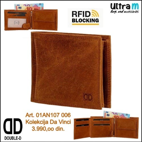 Muški novčanik Double-D Art. 01AN107 006 Da Vinci RFID koža konjak