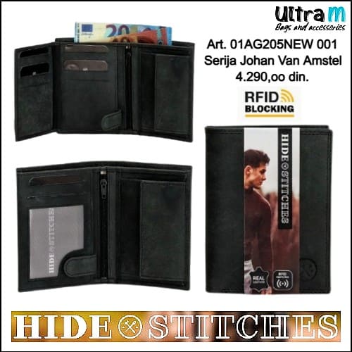 Muški novčanik Hide & Stitches Art. 01AG205NEW001 Johan Van Amstel RFID crni