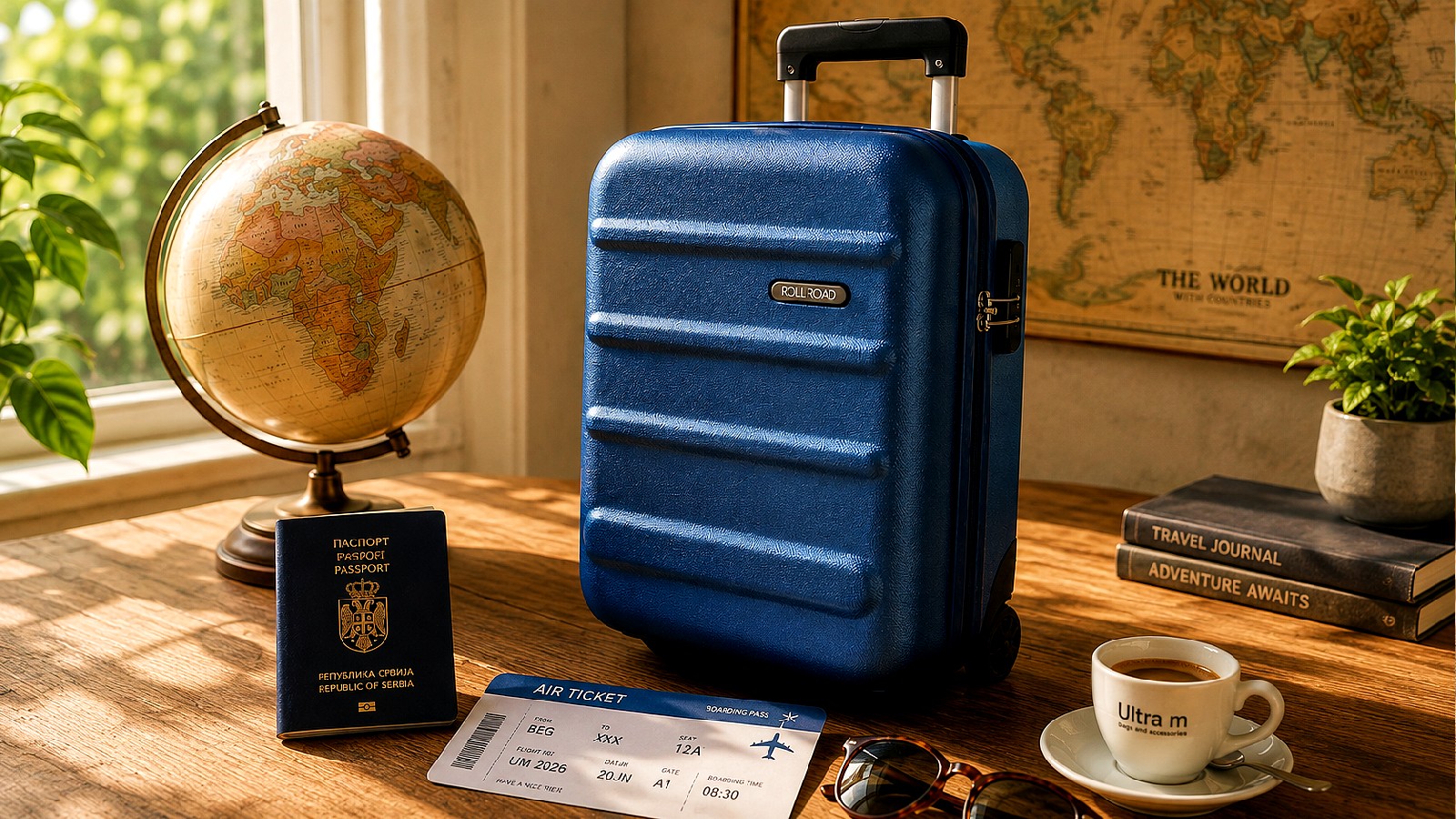 Kako izabrati kofer za putovanje – Roll Road cabin kofer uz pasoš, avionsku kartu i globus – Ultra M Magazin
